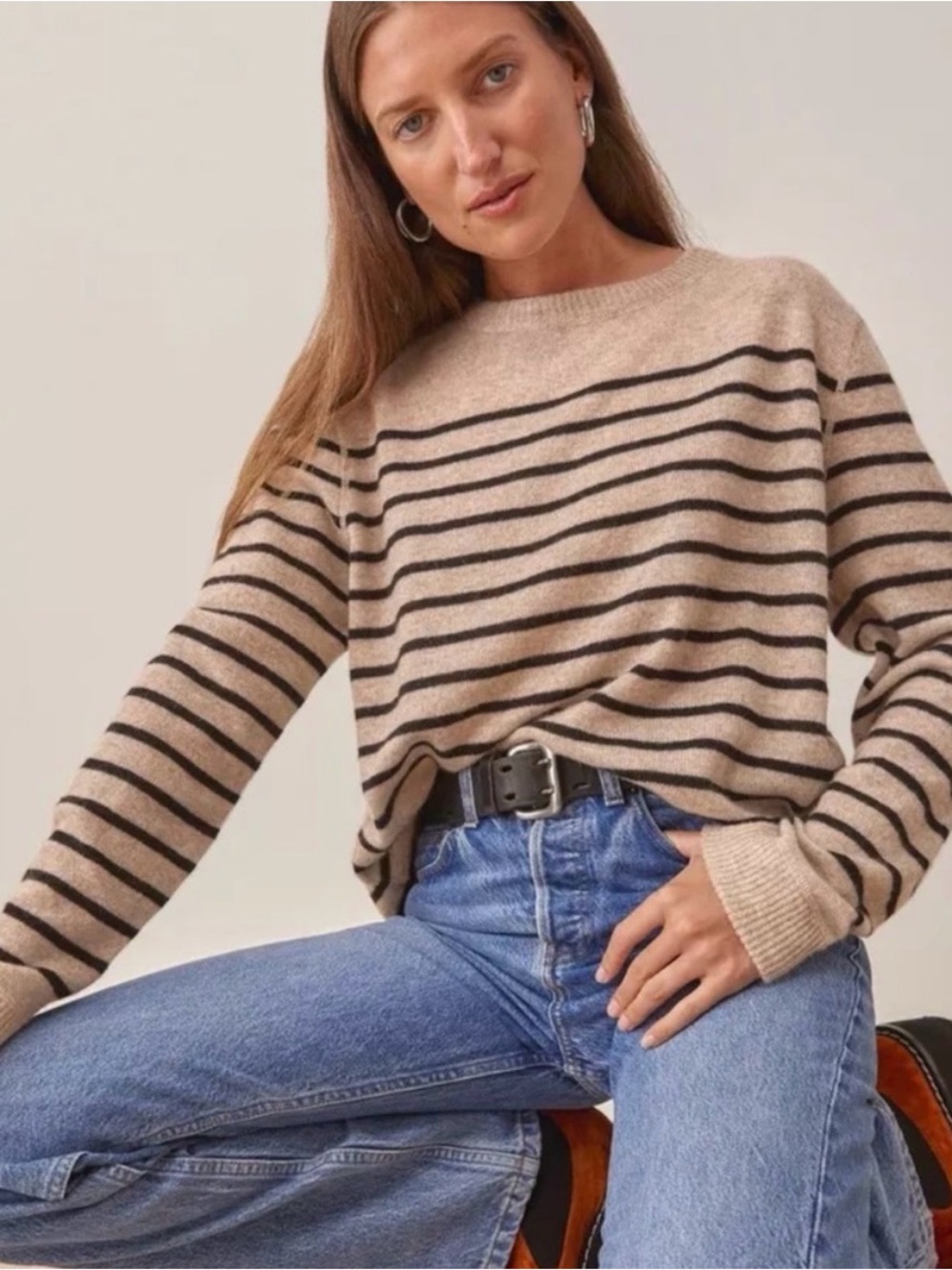Reformation Cashmere Striped Boyfriend Sweater Beige Black S